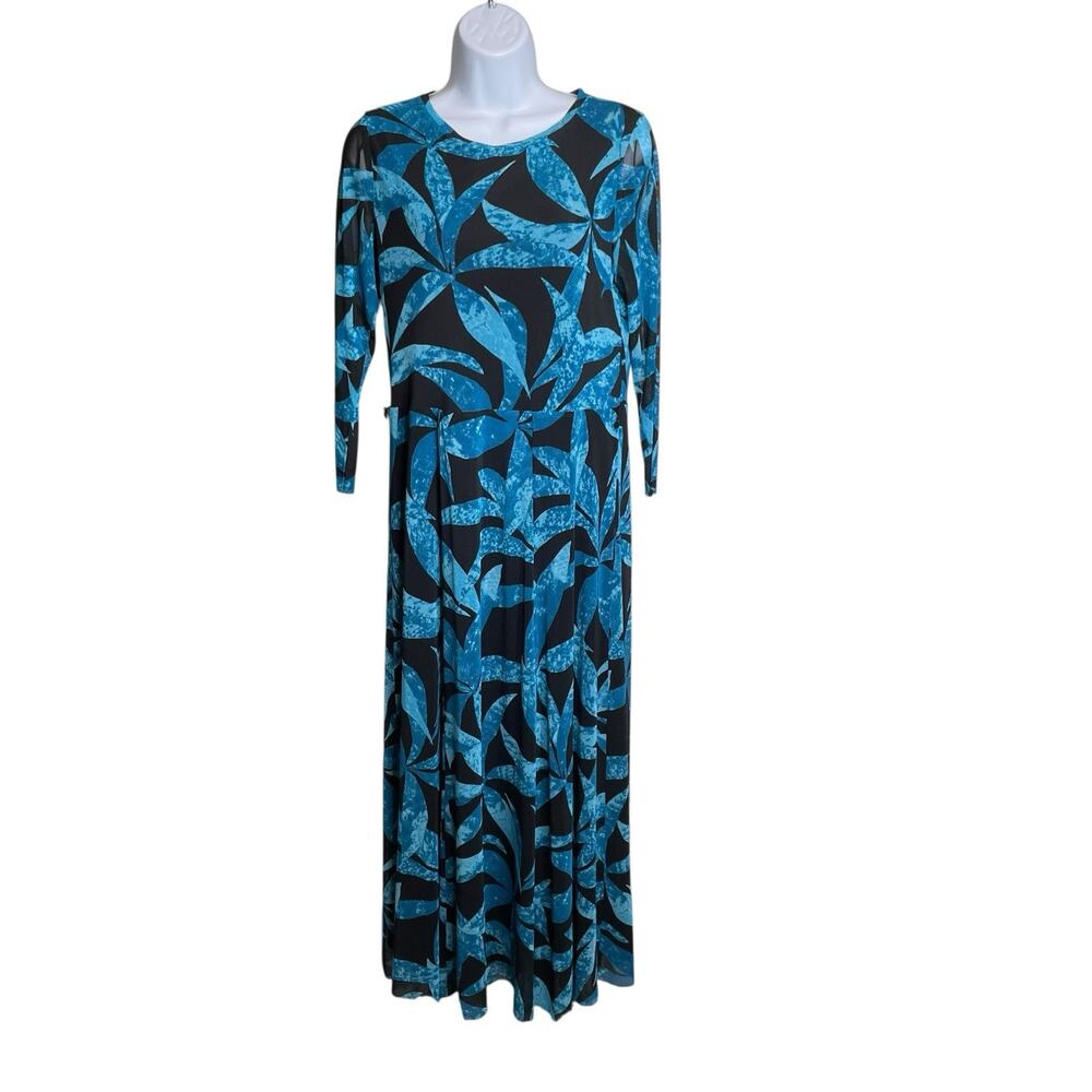 Vintage Anne Klein Blue Tropical Maxi Dress Size M Statement Resort Glam Cruise
